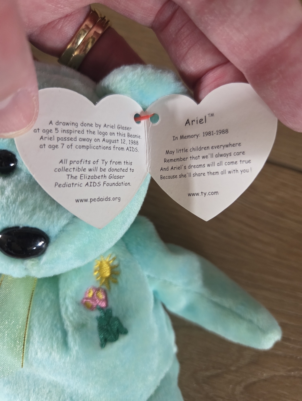 Ty Ariel Teal Plush Bear Beanie Baby & Buddy Duo with Floral Embroidery - NWT! - Picture 4 of 5